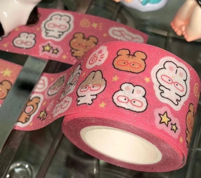 Korean Style Washi Tape Samples - Music Notes, Denim Stars, Tomato, Eyes & Pink Leopard Patterns, Cute Stationery for Journaling