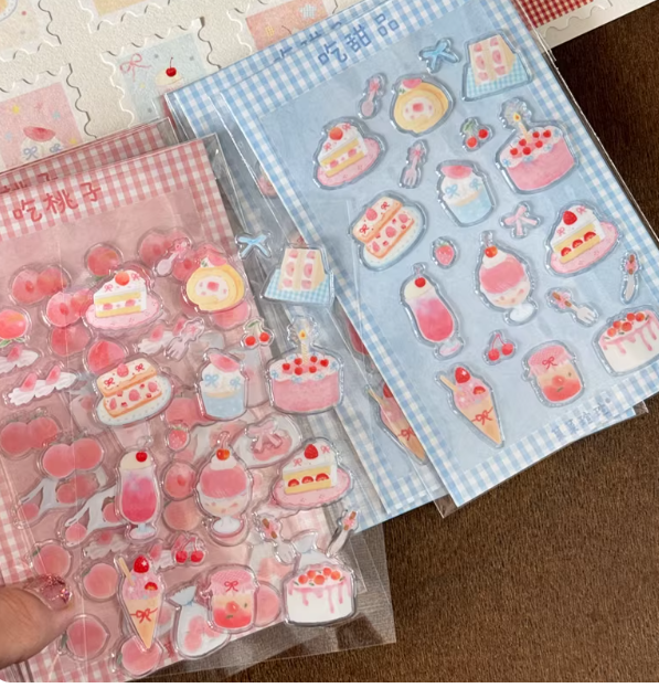 Sticker Sheet |"Eat Peach Dessert" Transparent 3D Cute Salt-style Stickers for Journal Decoration