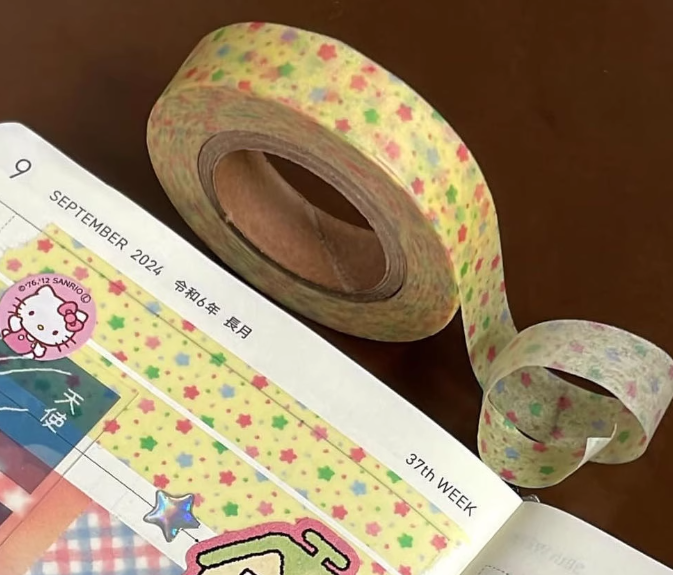 Korean Style Washi Tape Samples - Music Notes, Denim Stars, Tomato, Eyes & Pink Leopard Patterns, Cute Stationery for Journaling