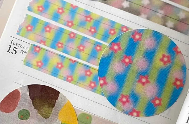 Korean Style Washi Tape Samples - Music Notes, Denim Stars, Tomato, Eyes & Pink Leopard Patterns, Cute Stationery for Journaling